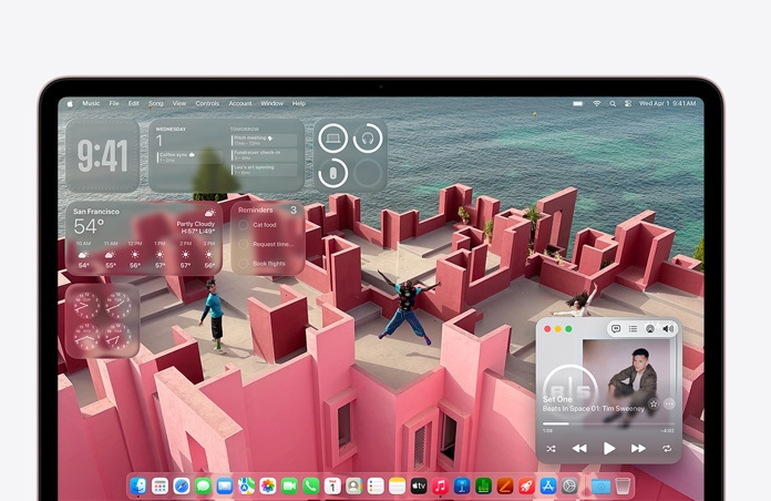 Екранът на MacBook Neo е персонализиран с фон на работния плот с морски изглед на тераса на покрива и различни уиджети, като например Музика, Календар, Времето и Напомняния.