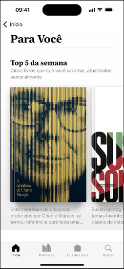 A tela do iPhone exibe a seção Para Você no app Livros, com a lista dos cinco melhores da semana.