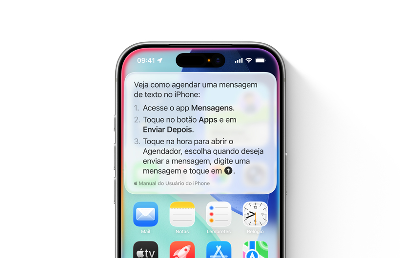Imagem de um iPhone com orientações passo a passo sobre como programar uma mensagem de texto para enviar mais tarde.