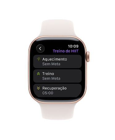 Apple Watch Series 11 com caixa cor de ouro rosa de alumínio e pulseira esportiva blush-clara, app Exercício, cartão de Exercício Personalizado