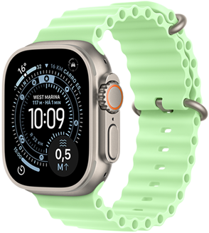 Apple Watch Ultra 3, caixa natural de titânio, mostrador Orientação, complicações: Tempo, Carro Estacionado, Satélite e distância até a superfície, lateral direita com Digital Crown, microfone, botão lateral, pulseira Oceano verde-néon