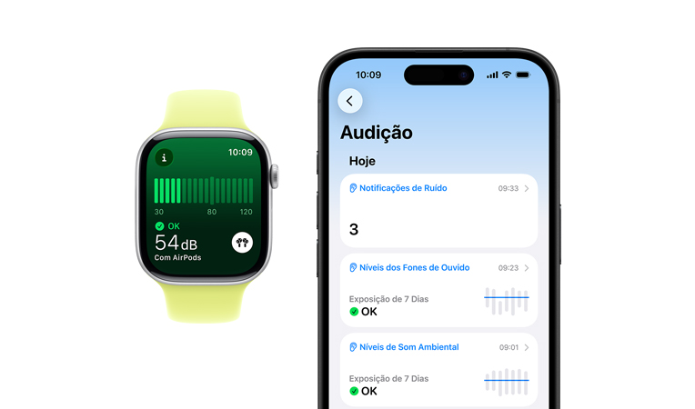Apple Watch Series 11 com caixa prateada de alumínio e pulseira esportiva amarelo-néon, app Ruído, resumo diário de Audição detalhado na tela do iPhone emparelhado.