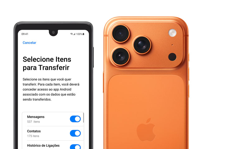 Imagem lado a lado de um aparelho Android com o app Migrar para iOS e um iPhone 17 Pro mostrando a parte de trás, o sistema de câmera Fusion Pro, as três lentes, o microfone e o flash.