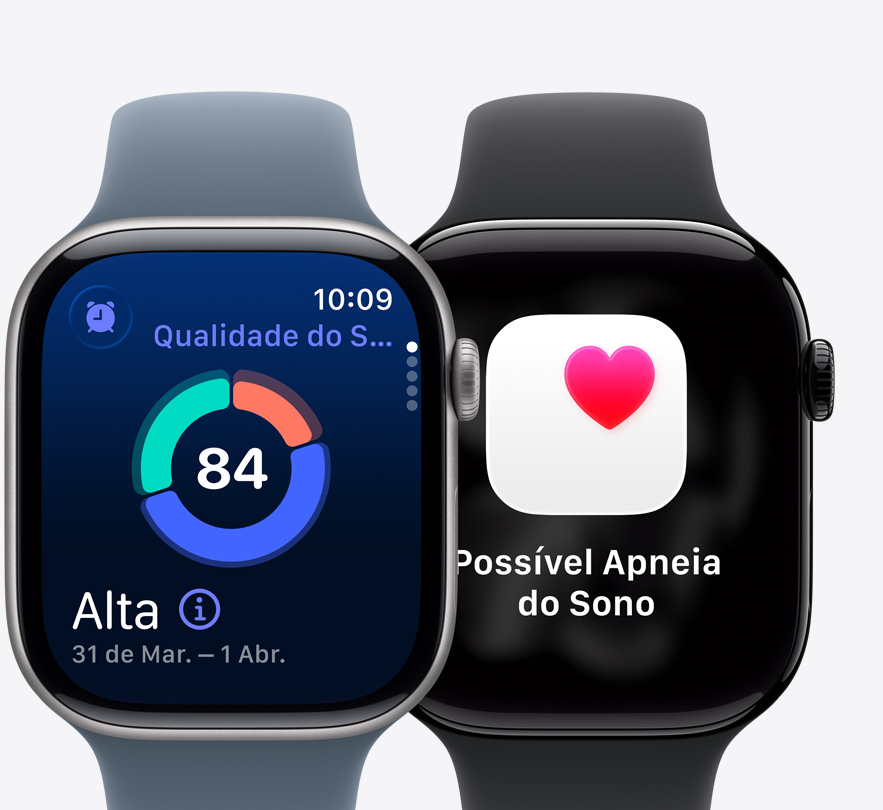 Dois relógios Apple Watch Series 11 com tela mostrando a Qualidade do Sono e uma notificação de possível apneia do sono