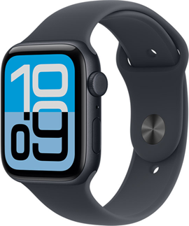 Apple Watch SE 3, boîtier en aluminium, minuit, cadran Flux, côté droit, Digital Crown, microphone, bouton latéral, bracelet sport minuit, fermoir à clou et passant argent