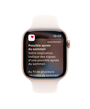 Apple Watch Series 11, or rose, boîtier en aluminium, notification d’apnée du sommeil ouverte, côté droit extérieur, Digital Crown, bracelet sport, rose tendre