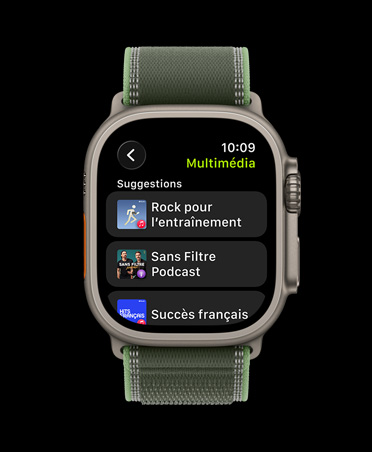 Apple Watch Ultra 3, boîtier en titane, naturel, Apple Music, suggestions de musique et de balados, bracelet, Sentier, vert/vert fluo