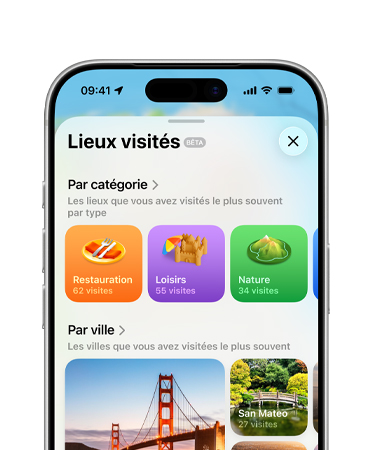 iPhone, seule la moitié supérieure est visible, l’écran montrant la fonctionnalité des lieux visités dans l’app Plans, y compris les catégories et les villes
