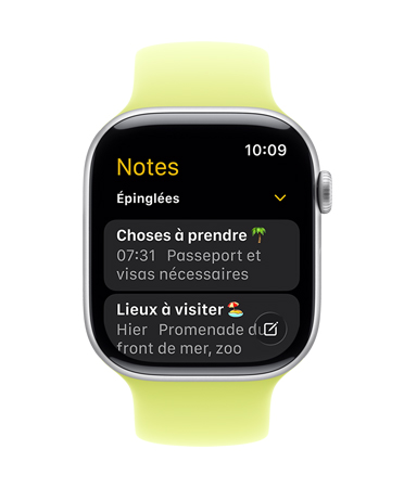 Apple Watch Series 11, le cadran affiche l’app Notes et deux notes épinglées