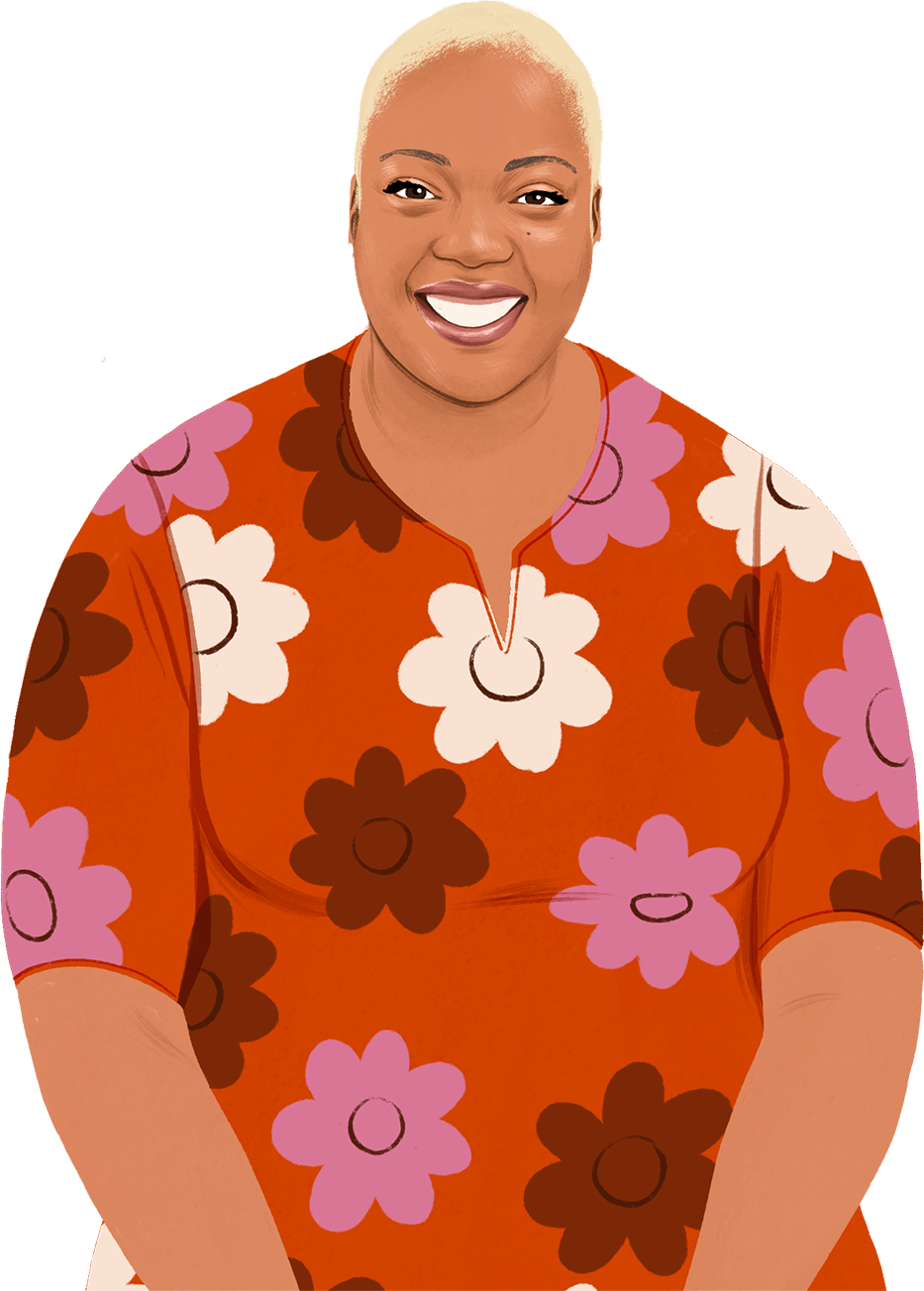 Nafisah 的人像插圖，她微笑望向讀者；一幅 iPad 插圖進入畫面，iPad 上顯示一個心形符號圖像。