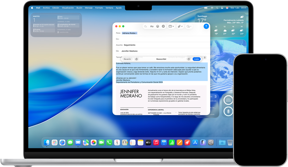 Un Mac muestra las Herramientas de Escritura, y un iPhone muestra mensajes con Traducción en Vivo