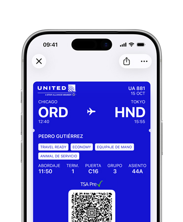 iPhone, mitad superior de la pantalla mostrando una tarjeta de embarque guardada en la app Wallet