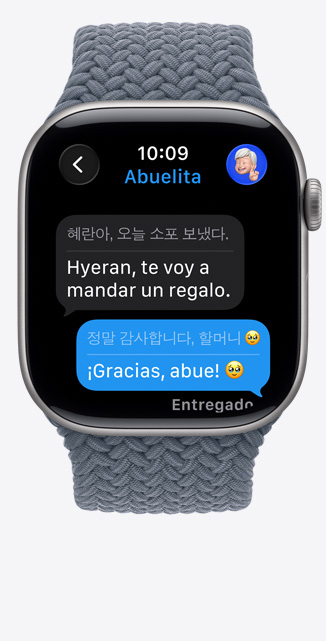 Apple Watch Series 11, caja de aluminio gris espacial, Traducción en Vivo cambia el idioma de iMessage a inglés, correa uniloop trenzada, color azul ancla