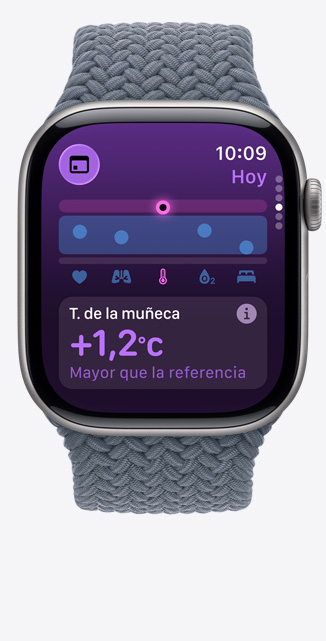 Apple Watch Series 11, caja de titanio, color pizarra, app Signos Vitales, gráfica con puntuaciones de salud, temperatura de la muñeca superior al valor basal, parte lateral derecha, Digital Crown, correa uniloop trenzada azul ancla