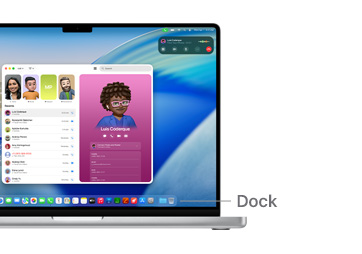 Ukázka navigace macOS na 14palcovém MacBooku Pro; čára znázorňuje umístění Docku.