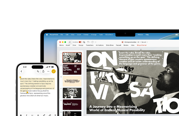 iPhone 16 Plus se zvýrazněným textem v aplikaci Poznámky, MacBook Air s otevřenou prezentací v PowerPoint, na snímku je viditelný text z aplikace Poznámky