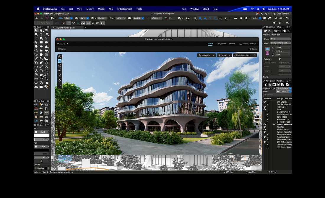 Vectorworks Design Suite s Maxon Redshiftem na obrazovce MacBooku Pro