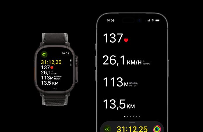 Apple Watch Ultra 3, Farbe Schwarz, Titangehäuse, Trail Loop, Farbe Schwarz/Kohlegrau, iPhone, aktive Trainingsdaten auf beiden Geräten