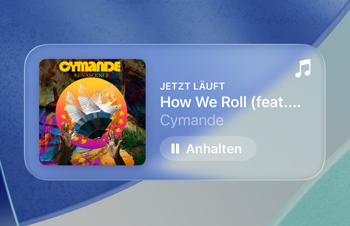 Transluzente Steuerelemente in Apple Music stellen den Hintergrund mit einem Lichtbrechungseffekt dar