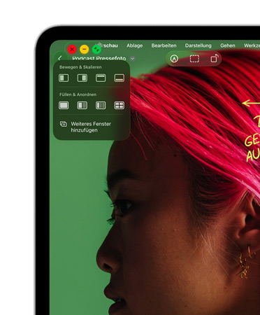 Fenster Steuerelemente mit roter Taste zum Schließen, gelber Taste zum Minimieren und grüner Taste zum Vergrößern sowie Optionen zum Verschieben und Ändern der Größe oder Anordnung der Fenster