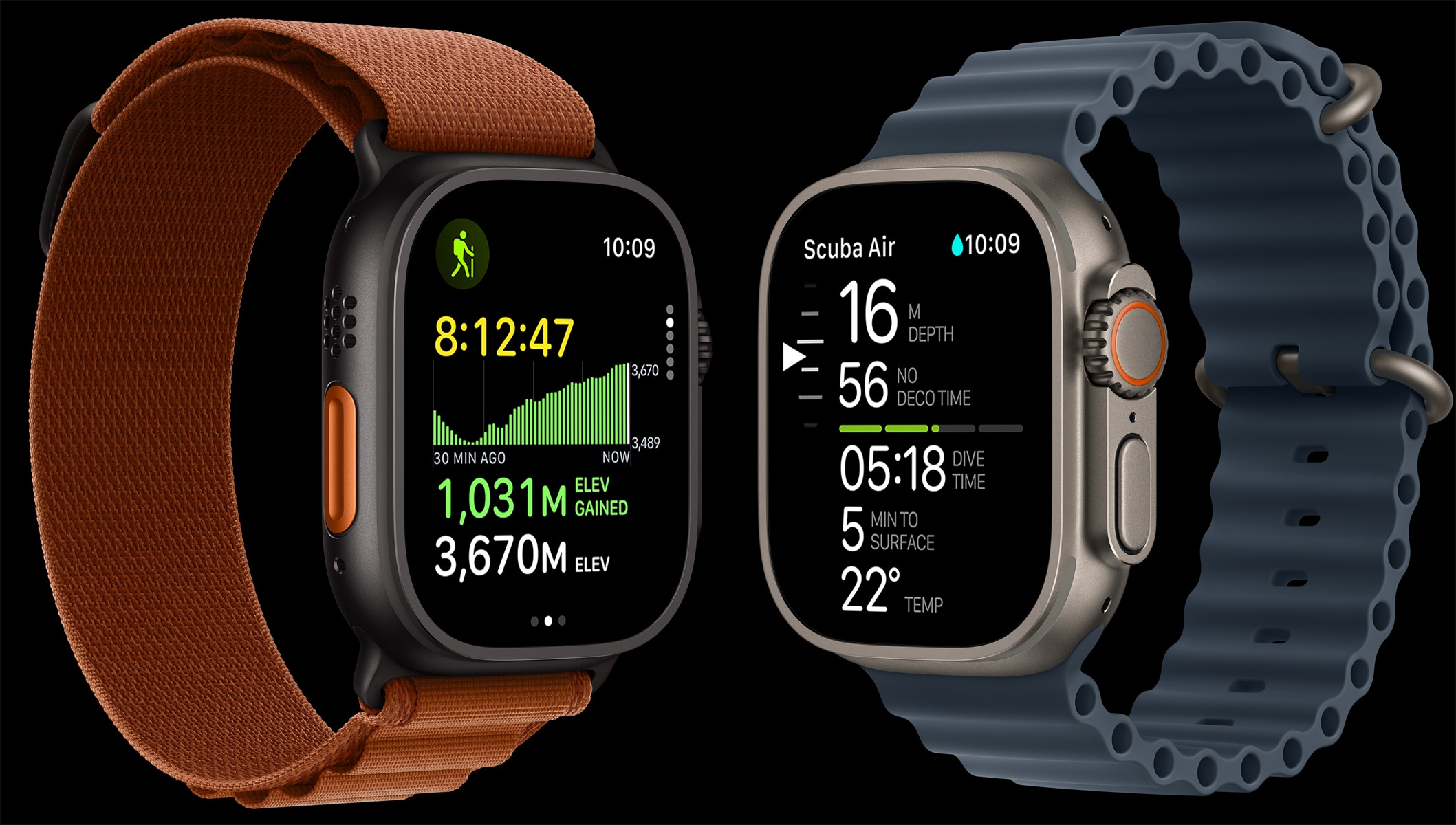Apple Watch Ultra 3 seadmed, titaanist korpused, must ja naturaalne toon, matkaradade kaart, sukeldumisnäitajad, rihmad, rihm Alpine Loop, terrakotavärv, rihm Ocean Band, ankursinine