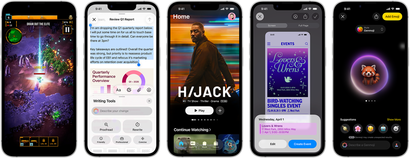 Kõrvuti asetsevad iPhone 17e seadmed erinevate ekraanikuvadega: mängimisel olev mäng, Writing Tools tööriist, Apple TV rakendus, loomisel olev kalendrisündmus, loomisel olev Genmoji