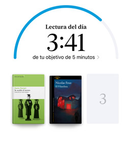La pantalla de un iPhone muestra la sección Objetivos de Lectura en la app Libros. En la parte superior, se ve el anillo de progreso de un objetivo de lectura. Debajo hay tres portadas de libros. Más abajo un texto dice que falta solo una lectura para alcanzar el objetivo de leer ocho libros en 2024.
