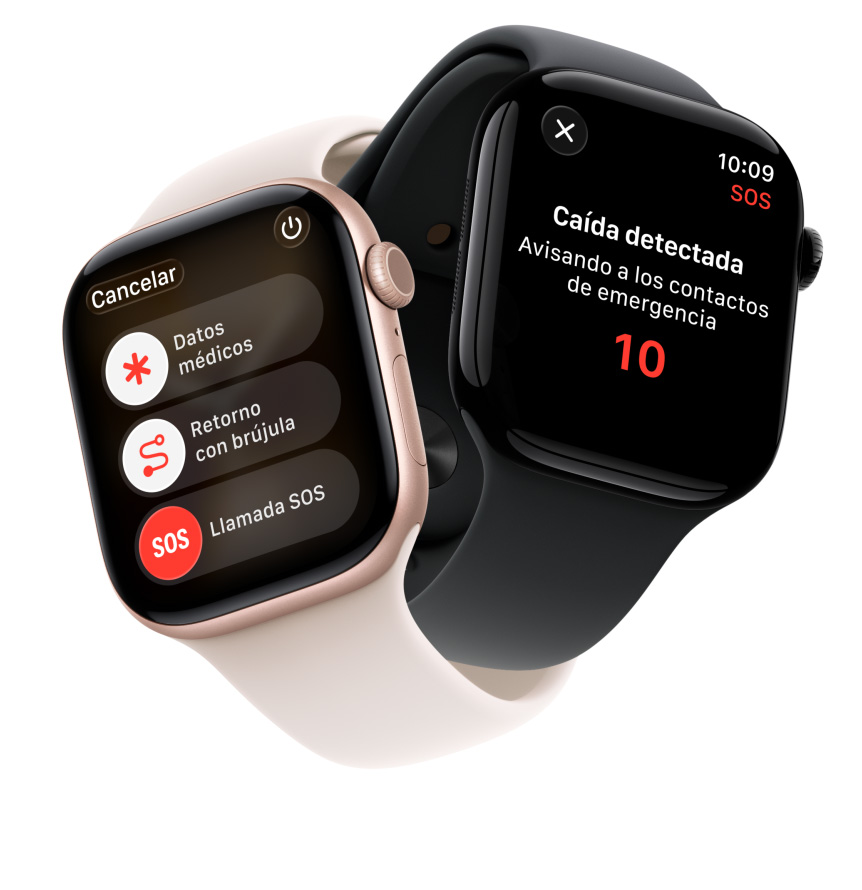 Dispositivos Apple Watch Series 11, cajas de aluminio, colores oro rosa y negro azabache pulido, prestaciones de seguridad en pantalla: Datos Médicos, Retorno con Brújula y Llamada SOS, correas deportivas, colores rosa rubor y negro