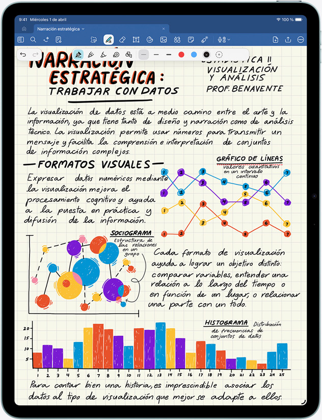 iPad Air en vertical, en la pantalla aparecen notas e imágenes