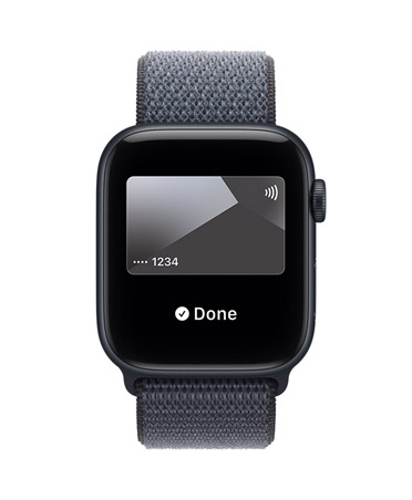 Apple Watch SE 3, Aluminiumgehäuse, Farbe Mitternacht, Apple Pay in Apple Wallet, rechte Seitenansicht, Digital Crown, Armband, Sport Loop, Farbe Maritimblau