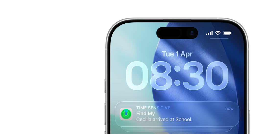 iPhone screen displaying a Find My notification: ‘Cecilia arrived at school’.
