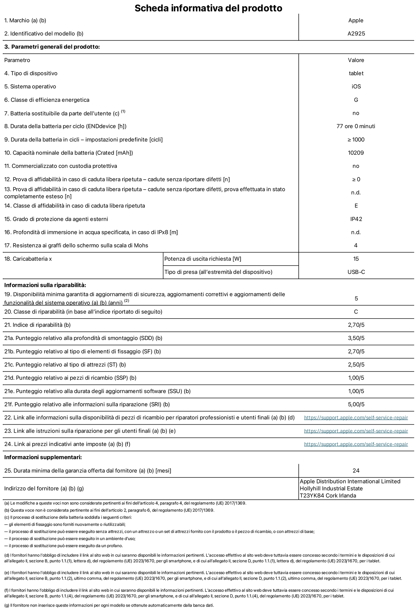 Scheda informativa del prodotto per iPad Pro 13 pollici Wi-Fi, modello A2925. Fornito da Apple Distribution International Ltd, Hollyhill Industrial Estate, T23 YK84 Cork, Irlanda. Tipo di dispositivo: tablet. Sistema operativo: iOS. Classe di efficienza energetica: G. Batteria sostituibile da parte dell’utente: no. Durata della batteria: 77 ore. Durata della batteria in cicli: maggiore o uguale a 1000. Capacità nominale della batteria: 10209 mAh. Prova di affidabilità in caso di caduta libera ripetuta (cadute senza riportare difetti): maggiore o uguale a 0. Classe di affidabilità nel caso di caduta libera ripetuta: E. Grado di protezione da agenti esterni: IP42. Resistenza ai graffi dello schermo sulla scala di Mohs: 4. Potenza di uscita richiesta per il caricabatterie: 15W. Tipo di presa (all’estremità del dispositivo): USB-C. Disponibilità minima garantita di aggiornamenti di sicurezza, aggiornamenti correttivi e aggiornamenti delle funzionalità del sistema operativo: 5 anni. Classe di riparabilità: C. Indice di riparabilità: 2,70 su 5. Punteggio relativo alla profondità di smontaggio: 3,50 su 5. Punteggio relativo al tipo di elementi di fissaggio: 2,70 su 5. Punteggio relativo al tipo di attrezzi: 2,50 su 5. Punteggio relativo ai pezzi di ricambio: 1,00 su 5. Punteggio relativo alla durata degli aggiornamenti software: 1,00/5. Punteggio relativo alle informazioni sulla riparazione: 5,00 su 5. Link alle informazioni sulla disponibilità di pezzi di ricambio per riparatori professionisti e utenti finali: https://support.apple.com/self-service-repair. Link alle istruzioni sulla riparazione per gli utenti finali: https://support.apple.com/self-service-repair. Link ai prezzi indicativi ante imposte: https://support.apple.com/self-service-repair. È prevista una garanzia generale di 24 mesi.