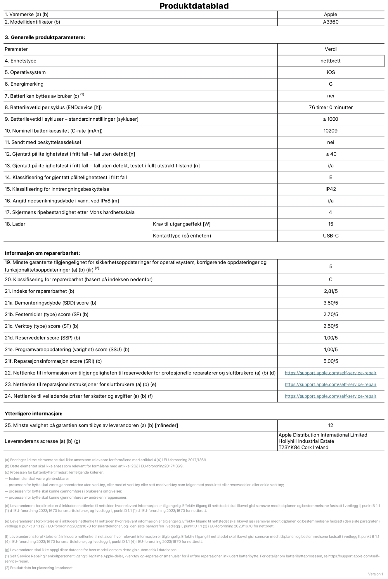 Produktdatablad for 13-tommers iPad Pro (M5) (Wi‑Fi), modell A2836. Levert av Apple Distribution International Limited, Hollyhill Industrial Estate. Cork, Irland, T23 YK84. Enhetstype: nettbrett. Operativsystem: iOS. Energieffektivitetsklasse: G. Batteriet kan byttes av brukeren: nei. Batteriets holdbarhet per ladesyklus: 76 timer. Batteriets holdbarhet i antall ladesykluser – standardinnstillinger: større enn eller lik 1000. Nominell batterikapasitet: 10209 mAh Leveres med beskyttelsesdeksel: nei. Holdbarhetstest ved gjentatte fall – antall fall uten feil: større enn eller lik 40. Holdbarhetstest ved gjentatte fall – antall fall uten feil i helt utfoldet tilstand: ikke relevant. Holdbarhetsklasse ved gjentatte fall: E. Kapslingsgrad: IP42. Angitt nedsenkingsdybde i vann ved IPx8: ikke relevant. Skjermens ripefasthet på Mohs skala: 4. Krav til laderens utgangseffekt: 15 watt. Laderens stikkontakt (på enhetssiden): USB-C. Minstegaranti for tilgang på sikkerhetsoppdateringer, feilrettinger og funksjonsoppdateringer til operativsystemet: 5 år. Reparerbarhetsklasse: C. Reparerbarhetsindeks: 2,81/5. Demontering: 3,50/5. Festeanordninger: 2,70/5. Verktøy: 2,50/5. Reservedeler: 1,00/5. Programvareoppdateringer: 1,00/5. Informasjon om reparasjon: 5,00/5. Lenke til informasjon om tilgjengelighet for reservedeler for profesjonelle reparatører og sluttbrukere: https://support.apple.com/self-service-repair. Lenke til reparasjonsveiledning for sluttbrukere: https://support.apple.com/self-service-repair. Lenke til veiledende priser ekskl. mva: https://support.apple.com/self-service-repair. Produktet omfattes av en 12-måneders generell garanti.