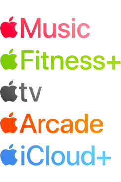 Logotipos de servicios de suscripción de Apple, como Apple Music, Fitness+, Apple TV+, Apple Arcade y iCloud+