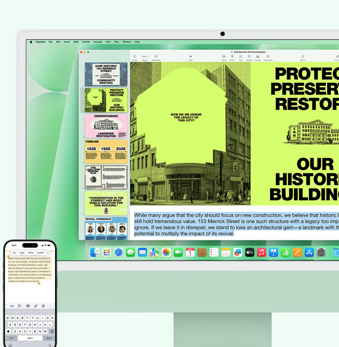 Vista en paralelo de un iMac en verde y un iPhone. Se copia el texto de la app Notas del iPhone y se pega en el iMac.