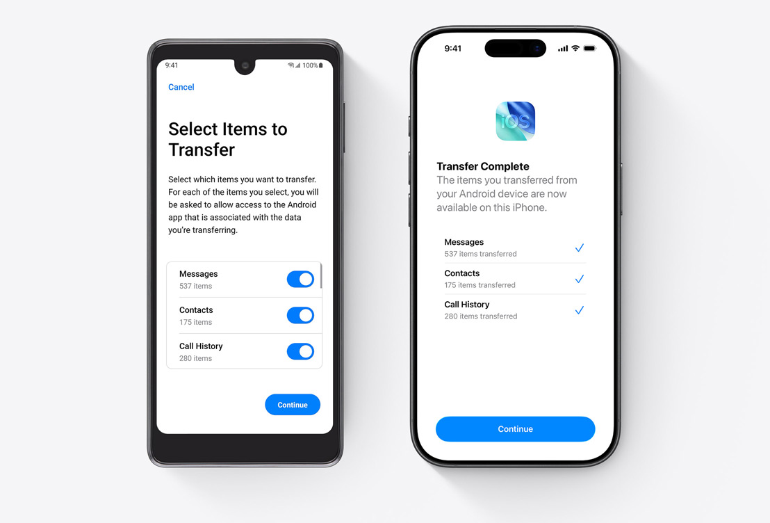 Nebeneinander angeordnet, ein Android Display zeigt die Auf iOS übertragen App an, ein iPhone Display zeigt die Auf iOS übertragen App an