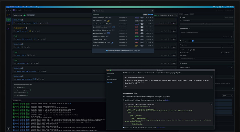 Mac Studio met M3 Ultra waarop machinelearningmodellen worden gecontroleerd met LM Studio en Apple MLX
