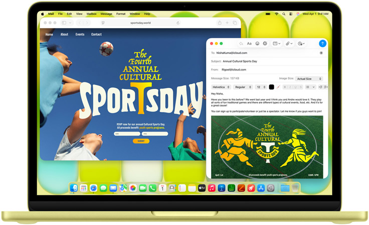 MacBook Neo, kleur Citrus, handen op het toetsenbord, gebruiker schrijft een e-mail met een uitnodiging voor een sportevenement, website voor het evenement ernaast geopend