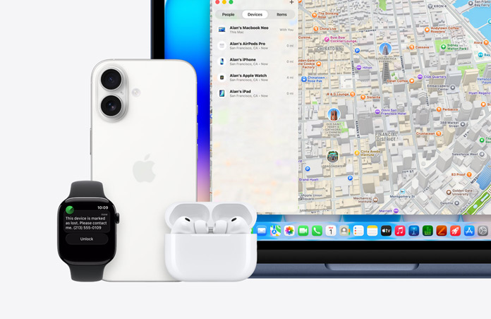 Apple Watch, tekst op het scherm luidt This device is marked as lost, please contact me met telefoonnummer, naast iPhone, AirPods Pro en MacBook Neo, kleur Indigo, met op het scherm de Zoek Mijn-app met een kaart en een lijst met devices en hun locatie