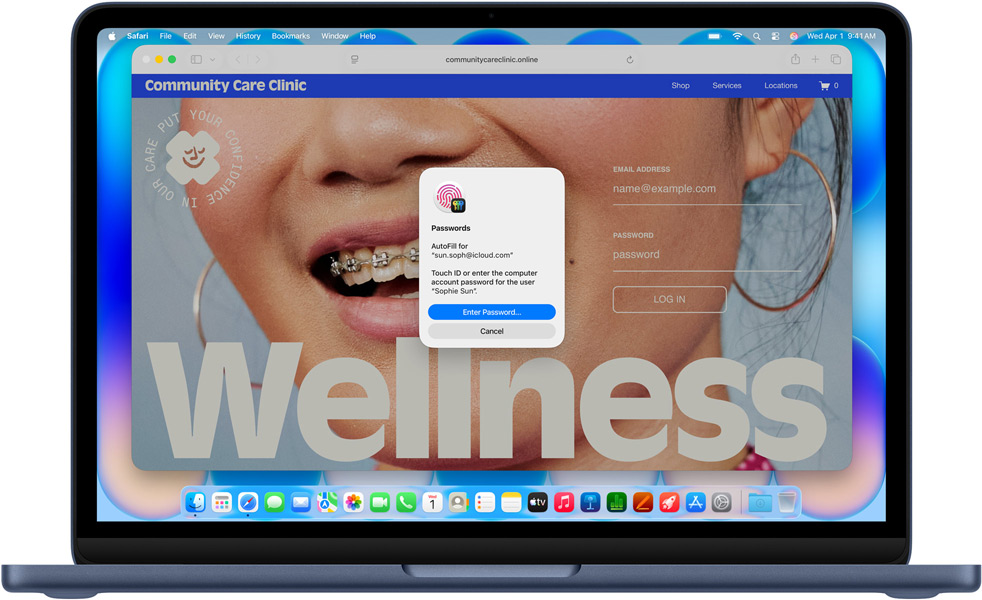 MacBook Neo, kleur Indigo, Safari vraagt gebruiker om in te loggen met Touch ID of wachtwoord op een website met de titel Community Care Clinic