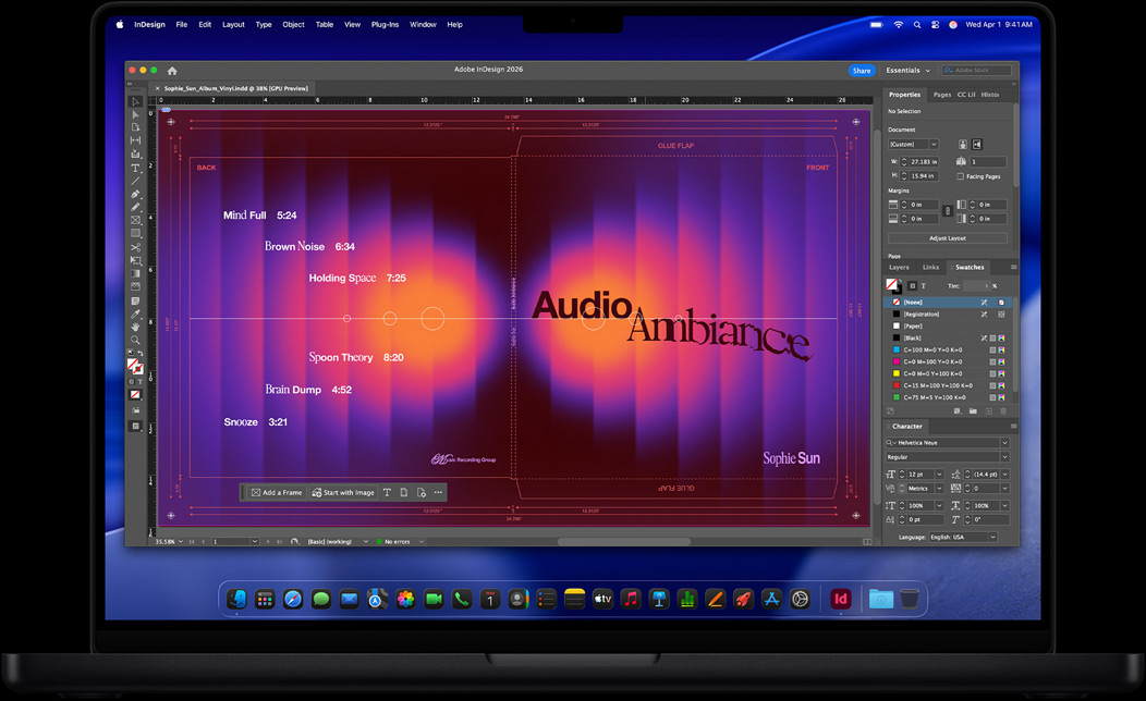 Schermata di MacBook Pro con Adobe InDesign che viene usato per creare la copertina di un disco in vinile