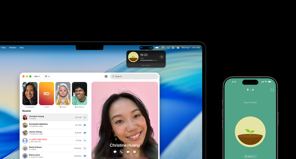 Ein MacBook Pro und ein iPhone nebeneinander, das MacBook Pro Display zeigt die Telefon App und Live Aktivitäten aus der Forest App, das iPhone zeigt die Forest App