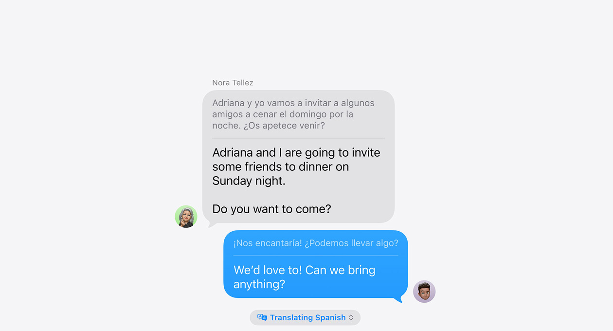 Traduction en direct dans Messages, montrant un exemple de traduction automatique de l’espagnol vers l’anglais