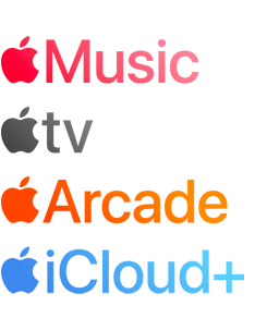 Une liste de services Apple : Apple Music, Apple TV, Apple Arcade et Apple iCloud Plus