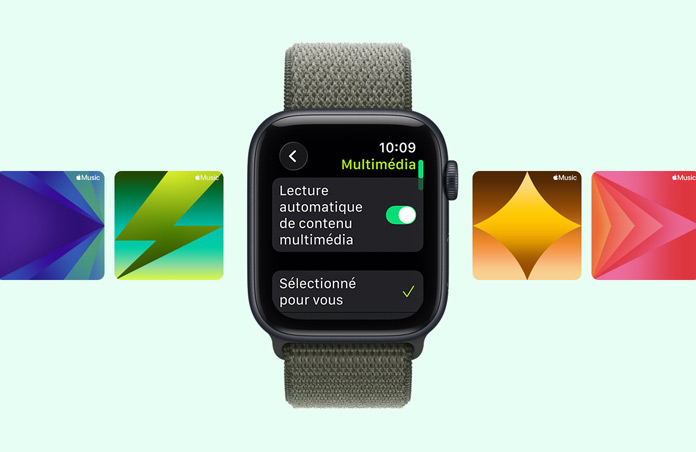 Apple Watch SE 3, boîtier en aluminium, minuit, suggestions de playlists Apple Music pour l’entraînement, bracelet, Boucle Sport, couleur forêt