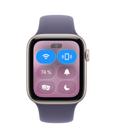 Apple Watch SE 3, boîtier en aluminium, lumière stellaire, centre de contrôle, icône Faire sonner, côté droit, Digital Crown, Bracelet Sport, brume violette