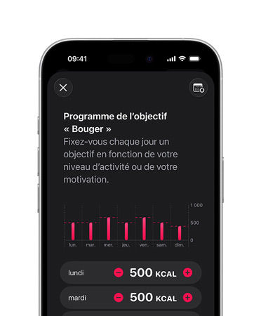 iPhone 16 Pro, couleur titane noir, objectif Bouger quotidien détaillé
