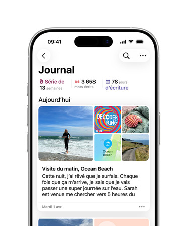 App Journal ouverte montrant une entrée, photos d’une journée à la plage et texte décrivant un rêve sur un iPhone