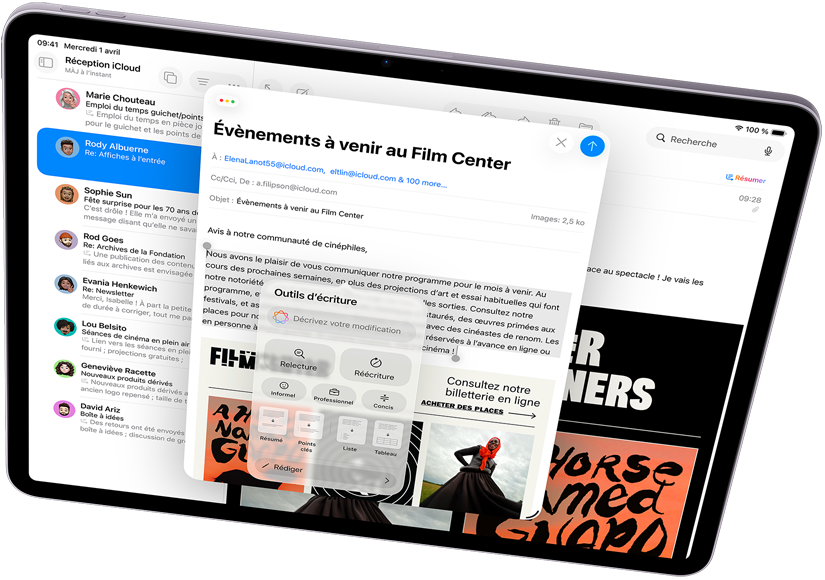 iPad Air en mode paysage présentant Apple Intelligence avec les Outils d’écriture et Mail