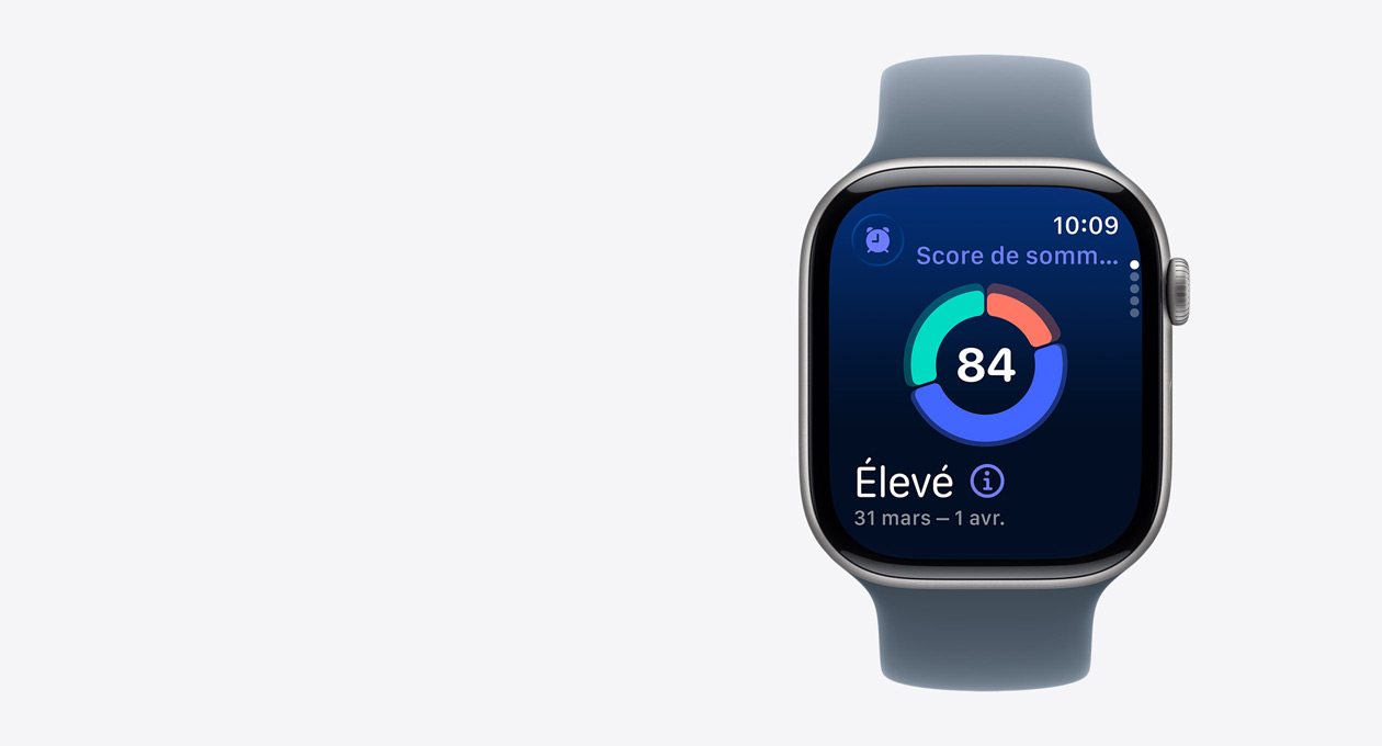 Apple Watch Series 11, couleur gris sidéral, boîtier en aluminium, écran montrant le score de sommeil